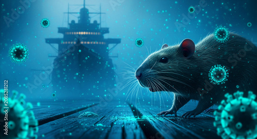 Large rat standing on a wooden pier with a cruise ship in the background. Fluorescent virus molecules float in the air around the rodent at night. Maritime disease transmission concept.