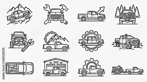 Принти на полотні Dynamic Black and White Line Art Illustrations of Trucks in Various Repair and A