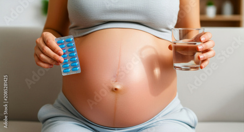 Pregnant woman holding blue capsules and a glass of water. Expectant mother taking prenatal vitamins or medication. Healthcare concept for maternity wellness and medical marketing campaigns.