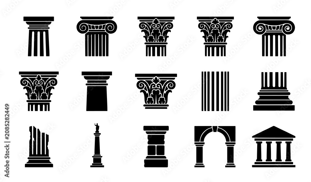 Obraz premium Untitled design - 3 Historic Architectural Pillar Black Silhouette Collection with Classical Columns Ancient Temple and Monument Vector Icons