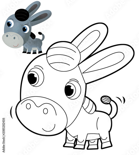 cartoon scene with farm ranch animal donkey coloring page drawing sketch isolated background with colorful preview illustration for the kids