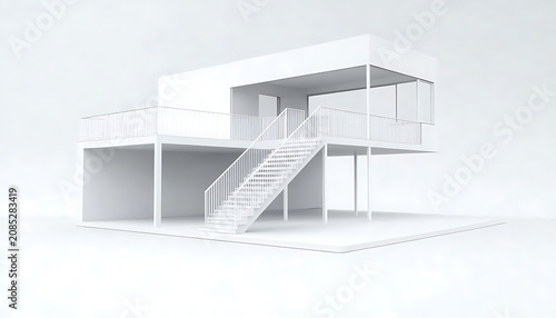 Clean white architectural model of a modern house design with minimalist aesthetic and shapes.