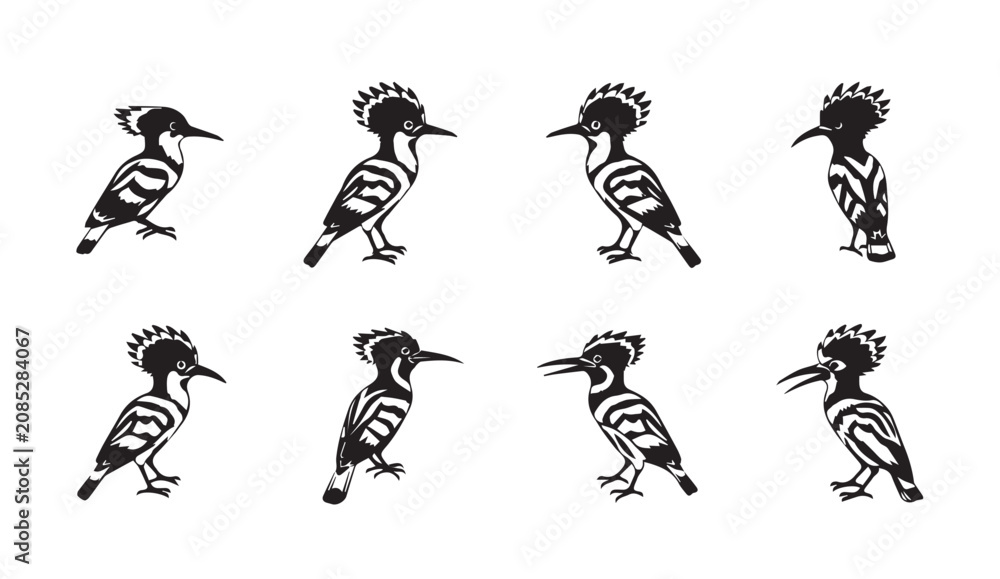 Fototapeta premium Eight black and white hoopoe birds in profile against a white background simple graphic illustration