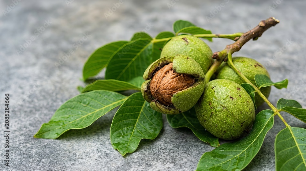Fototapeta premium Freshly harvested green walnuts with leaves on stone surface.