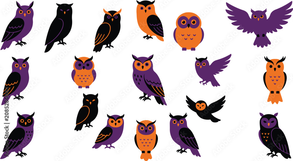 Obraz premium Spooky halloween owls collection vector illustration for autumn festivals parties and creepy seasonal designs
