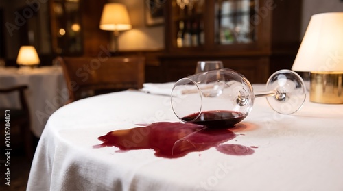 Red wine spilled from a tipped glass onto a white tablecloth in a dimly lit restaurant setting.