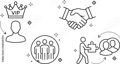 VIP client treatment and business partnership onboarding line art icon set for corporate customer relationship management,
