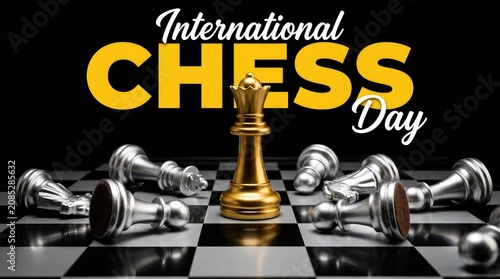 International Chess Day composition with one victorious golden king standing among scattered fallen silver pieces