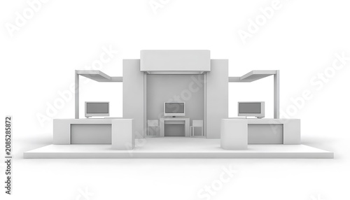 Clean exhibition booth design with screens, tables, and chairs for product display.