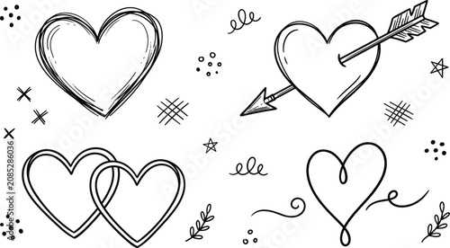 Hand drawn heart and Cupid arrow doodle icon set for romantic Valentines Day greeting card design decorations,