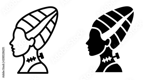 Photos Monstrous Iconography: Two stylized profile icons depict a monstrous bride's head, one outlined and the other solid black, featuring her distinctive hair and stitched neck