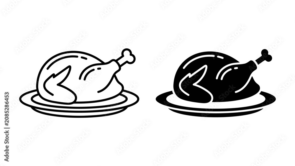 Fototapeta premium Roasted Chicken Icon: A culinary illustration of a whole roasted chicken served on a platter, presented in both line art and solid silhouette.
