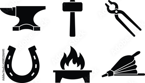 Tableau sur toile Set of blacksmith tools and forging equipment icons featuring an anvil hammer to