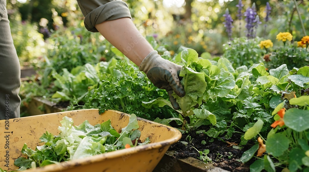 Fototapeta premium Gardener wearing dirty gloves harvesting fresh green lettuce from a vegetable garden into a yellow wheelbarrow during a sunny afternoon in spring