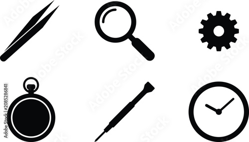 Quadro su tela Set of minimalist precision tools and time-related icons featuring a flat vector