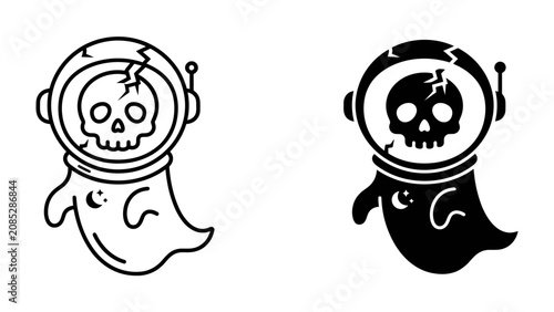 Fotografie Spooky Astronaut Ghost Duo: A celestial phantom in a cracked astronaut helmet, paired with its solid black silhouette, embodying an eerie yet whimsical cosmic entity