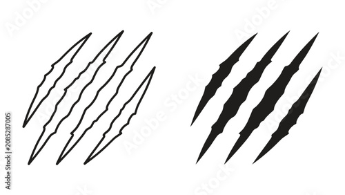 Foto Claw Marks Vector Icons: A set of graphic icons depicting stylized claw marks, presented in both outline and solid black variations, perfect for symbolizing danger, wildness, or aggression