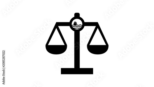 Obraz na płótnie a symbol of maritime law, the scales of justice with waves and a ship, black iso