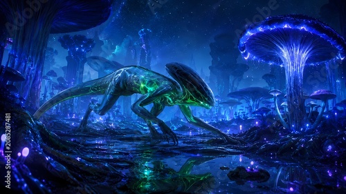 Neon Alien Stalker in Blue Fungal Forest