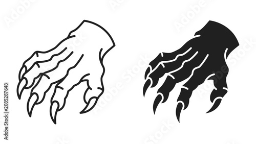 Foto Monster Claw Silhouette: A set of two stylized monster claws, one outlined in black and white, the other a solid black silhouette, each with sharp, menacing talons