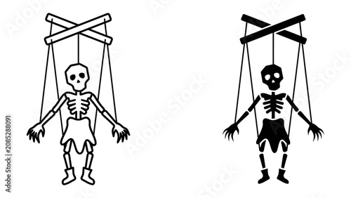 Принти на полотні Skeleton Marionette Duo: Two stylized skeleton puppets, one outlined and one solid black, dangle from a control bar, suspended by strings, illustrating a stark comparison of control and helplessness