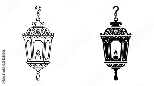 Quadro su tela Traditional Arabic Lanterns: Two intricately designed Arabic lanterns, one in outline and the other in silhouette, showcase elegant Islamic artistry with a subtle candle flame glowing within