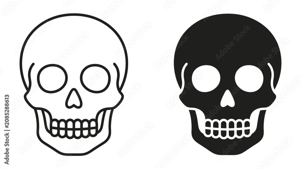 Obraz premium Two Skulls: A simple and striking illustration of two human skulls, one outlined in white and the other filled in black, symbolizing mortality and the ephemeral nature of life.