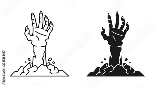 Canvastavla Emerging Hand Icon: A stylized graphic depicting a hand breaking through cracked ground, presented in both line art and silhouette versions, symbolizing struggle or emergence