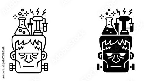 Photos Mad Scientist's Creation: An icon representing a mad scientist's monstrous creation, featuring a stitched-up face, bolts on the neck