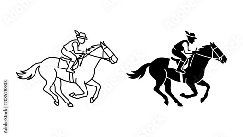 Obraz na płótnie Equestrian Duo: Two distinct illustrations, one in outline and the other as a silhouette, depict a jockey riding a horse in full gallop, capturing the dynamism of the sport