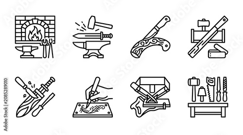 Blacksmithing and Woodworking Tool Line Icon Set