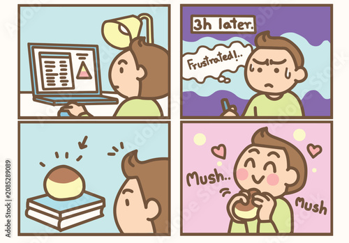 Frustrated man working on laptop and feeling happy after squeezing a soft stress relief toy comic strip
