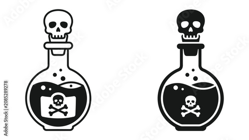 Schilderij op canvas Poison Bottle Icon: Two distinct poison bottles, each topped with a skull, contain a dark liquid with skull and crossbones labels, symbolizing danger and toxicity