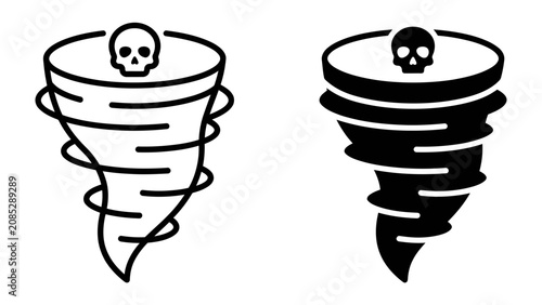 Schilderij op canvas Tornado and Skull Icons: Two graphic representations of a tornado, one outlined and one filled, both with a skull at the apex, signifying danger and destructive force