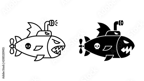 Картината върху платно Cartoon Monster Submarine Duo: A pair of whimsical, cartoon monster submarines, one outlined and one silhouetted, feature menacing grins, sharp teeth