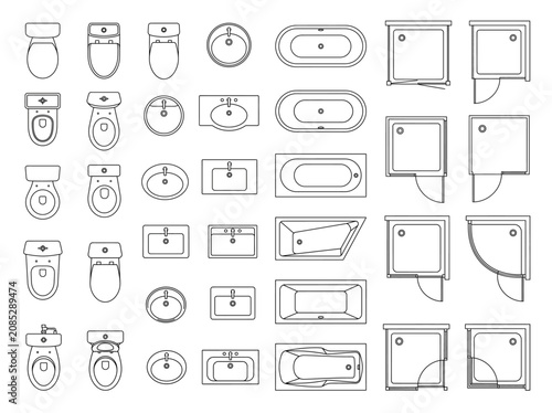 Bathroom fixtures plan view CAD blocks with toilets sinks bathtubs and showers line icons set