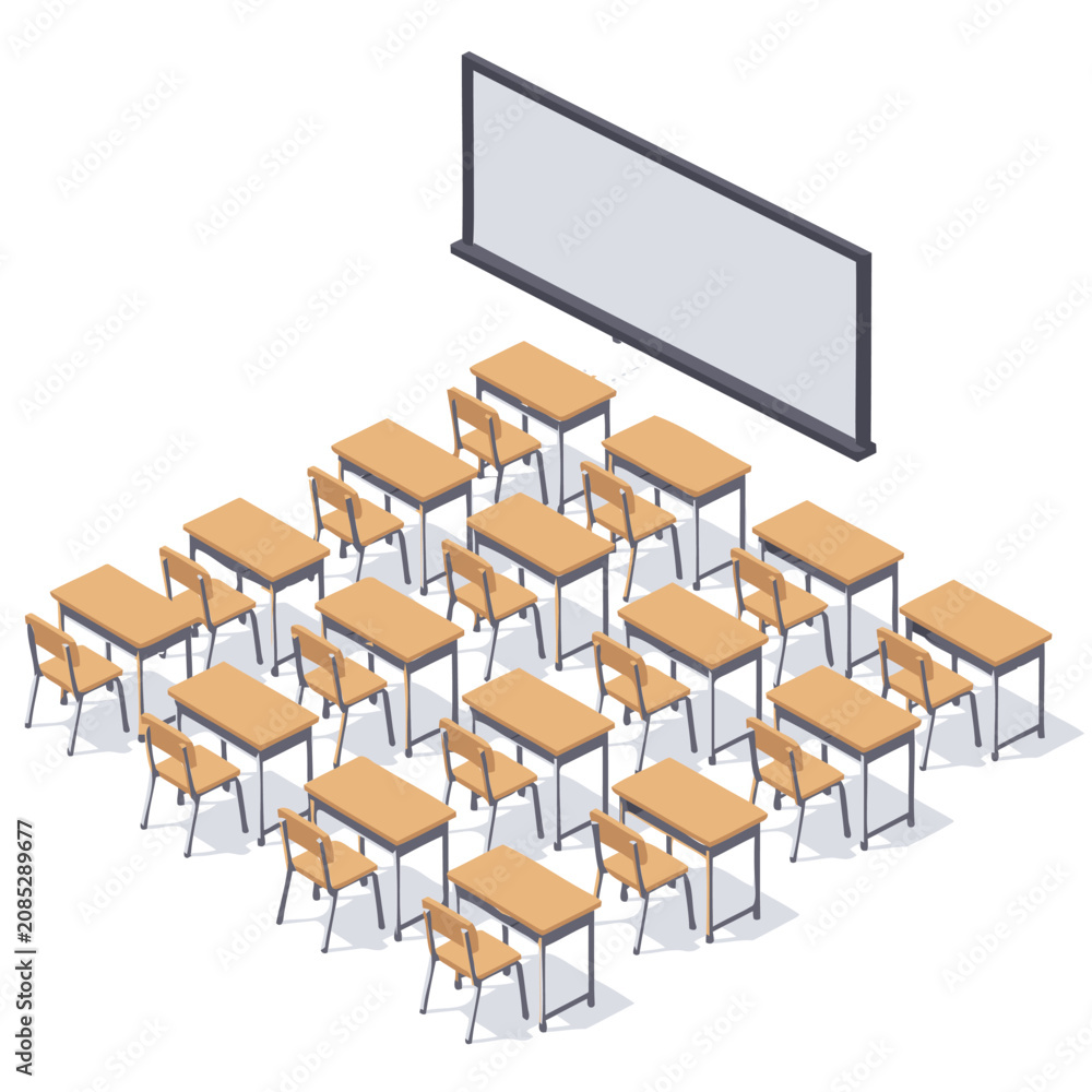 Obraz premium Modern isometric empty classroom setup with desks, chairs, and whiteboard