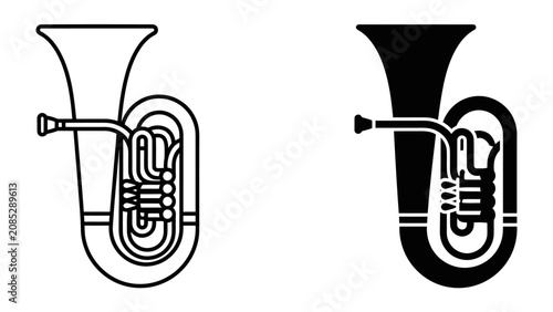 фотографія Tuba Illustration Set: A graphic representation of a tuba in both outline and solid silhouette, showcasing the iconic brass instrument with its distinctive bell and valves