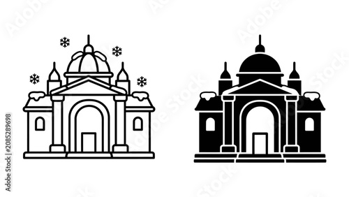 Cuadro en lienzo Winter Church Icon: A stylized icon of a church with a dome, featuring architectural details and adorned with snow, presented in both outlined and solid black versions
