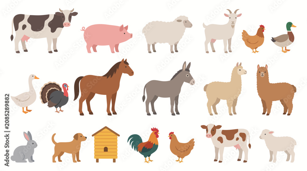 Obraz premium Farm animals including cows, pigs, sheep, goats, and poultry are arranged in a collection for educational display.