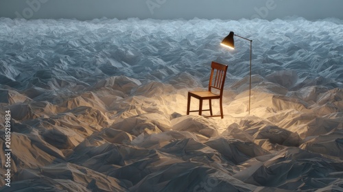 Solitary Chair in Surreal Mountain Landscape