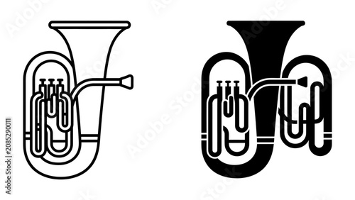 Fotografie Tuba Outline and Silhouette: A clear, modern illustration of a tuba in both outline and solid silhouette form, showcasing the iconic brass instrument