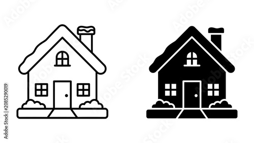Canvastavla Cozy Home Icons: A set of charming house icons, depicted in both outline and silhouette, showcasing a quaint cottage with a pitched roof, chimney, and small garden details