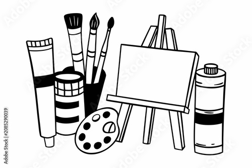 Vector illustration of artistic tools and supplies arranged with a small easel and canvas for creative projects and painting activities at home or studio