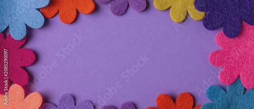 Colorful felt flowers on purple background.