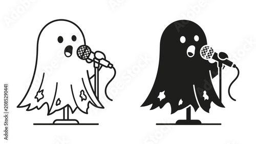 Photos Spooky Serenade: A charming ghost, depicted in both outline and solid black, stands before a microphone, ready to deliver a hauntingly beautiful performance, perhaps for Halloween festivities