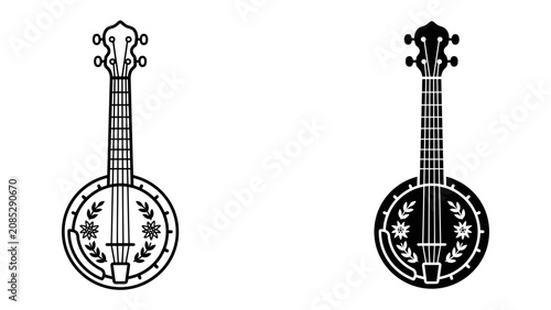 Φωτογραφία Banjo Silhouette: A striking visual contrast showcasing two stylized banjo silhouettes, one in a classic line art style and the other as a bold black graphic