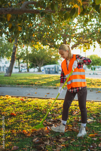 Картината върху платно Woman in a reflective vest and gloves raking dry leaves from the grass in a sunn