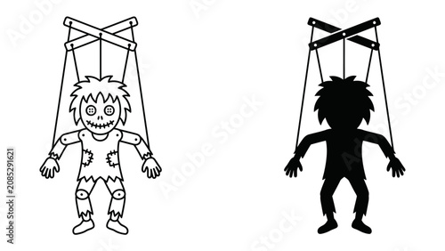 Canvastavla Zombie Puppet Strings: A grotesque zombie puppet, depicted in both outline and solid black silhouette, hangs suspended by strings, evoking a sense of control and unease