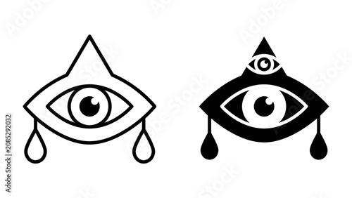 Quadro su tela Mystical Eye Icon: Two stylized eye icons, one outlined and one solid black, represent a watchful, all-seeing presence with tears falling from below, conveying mystery and insight